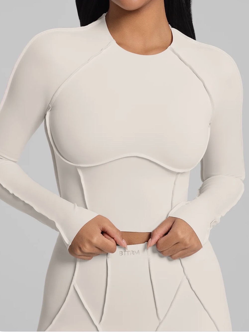 Contour Stitch Long Sleeve Crop Top — Cream